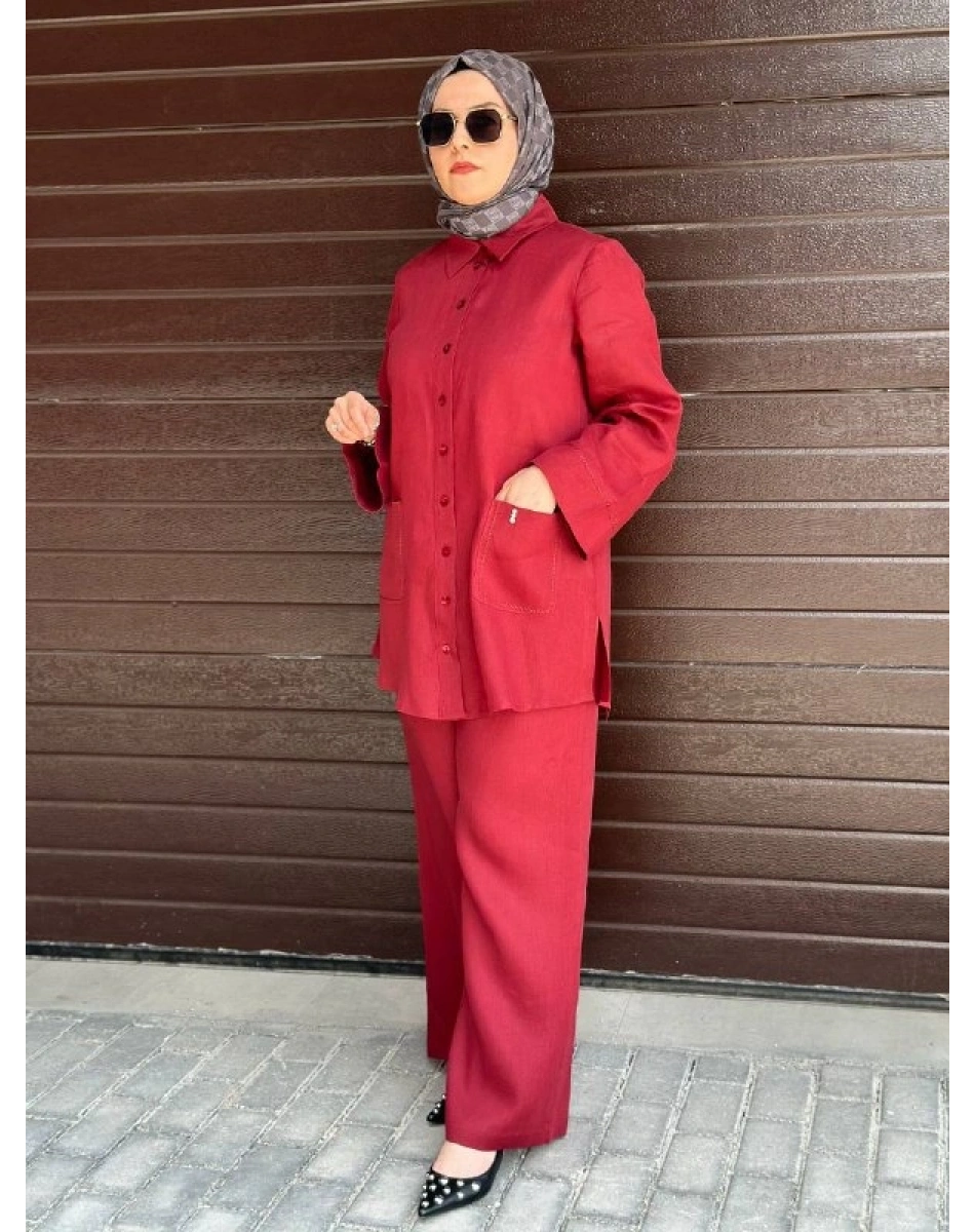 Miss Dalida 2263256 Cherry Minimal Nakışlı Cepli Keten Gömlek