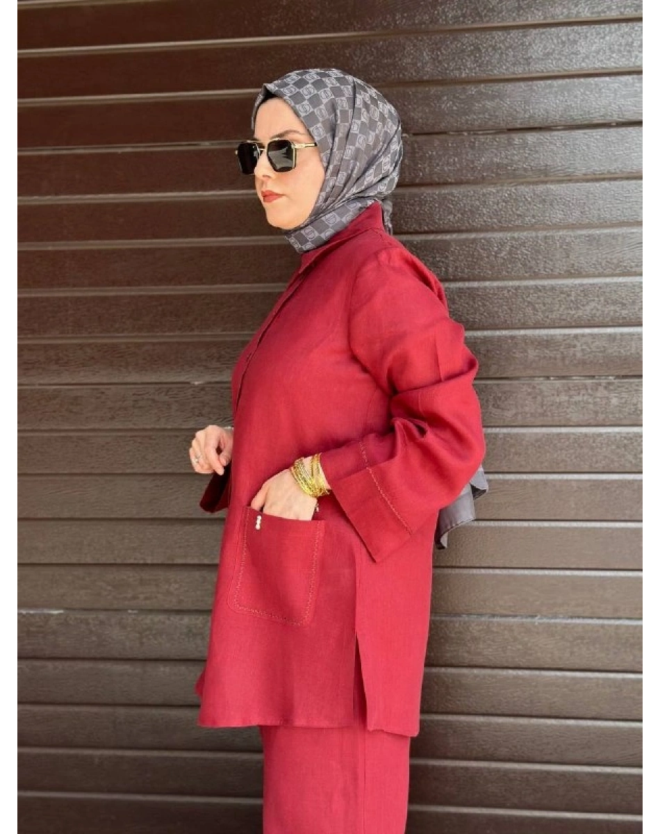 Miss Dalida 2263256 Cherry Minimal Nakışlı Cepli Keten Gömlek