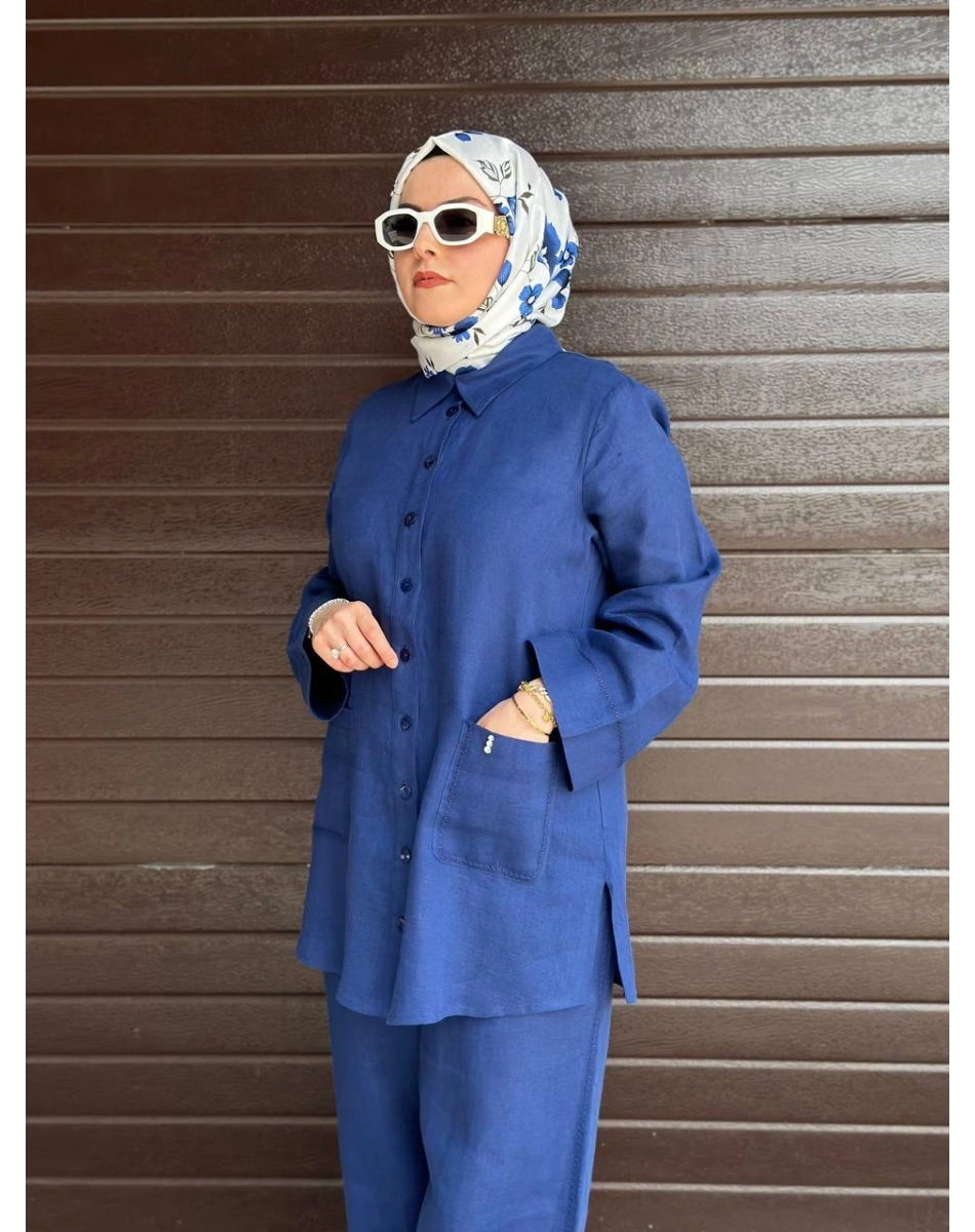 Miss Dalida 2263256 Mavi Minimal Nakışlı Cepli Keten Gömlek