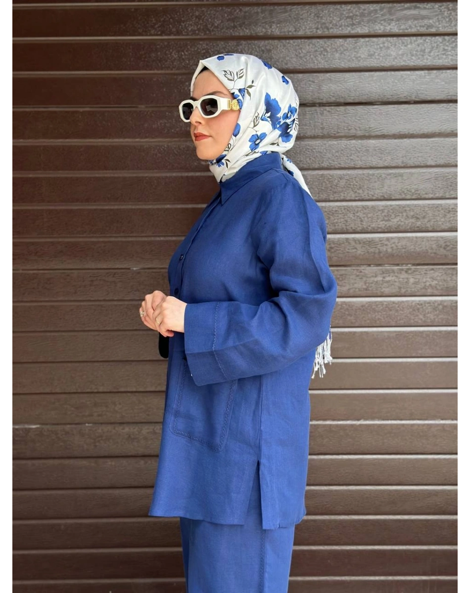 Miss Dalida 2263256 Mavi Minimal Nakışlı Cepli Keten Gömlek