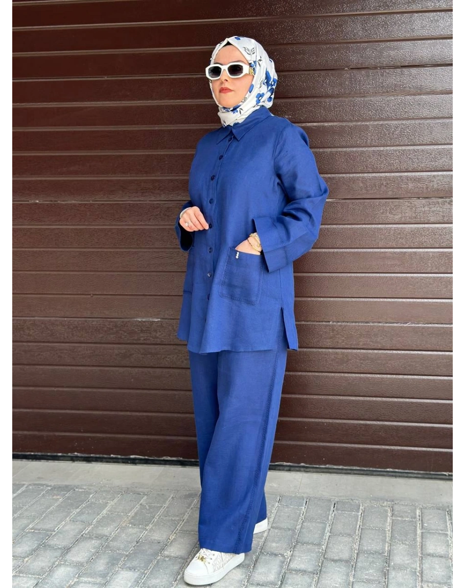 Miss Dalida 2263256 Mavi Minimal Nakışlı Cepli Keten Gömlek