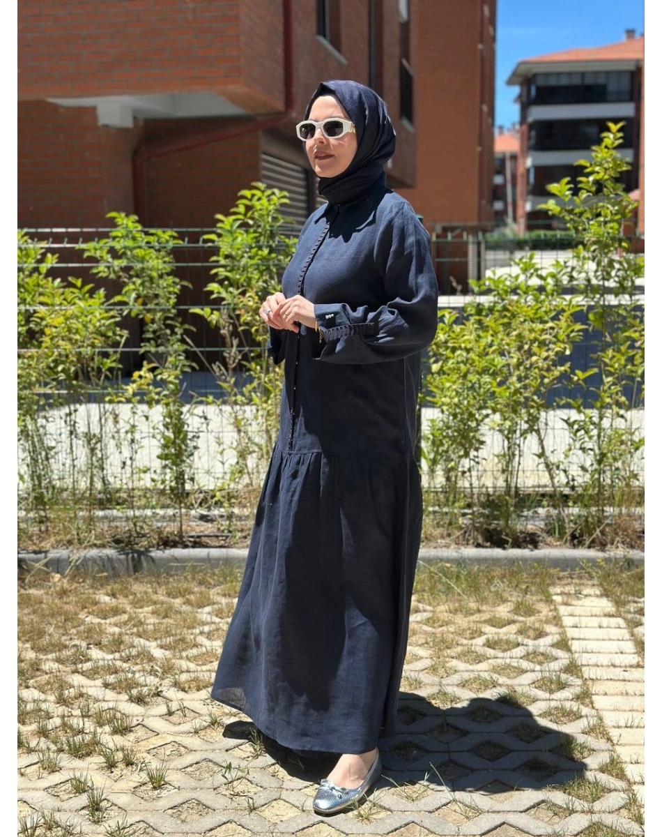 Miss Dalida 2264255 Lacivert Gömlek Yaka Bekletme Detaylı Keten Elbise