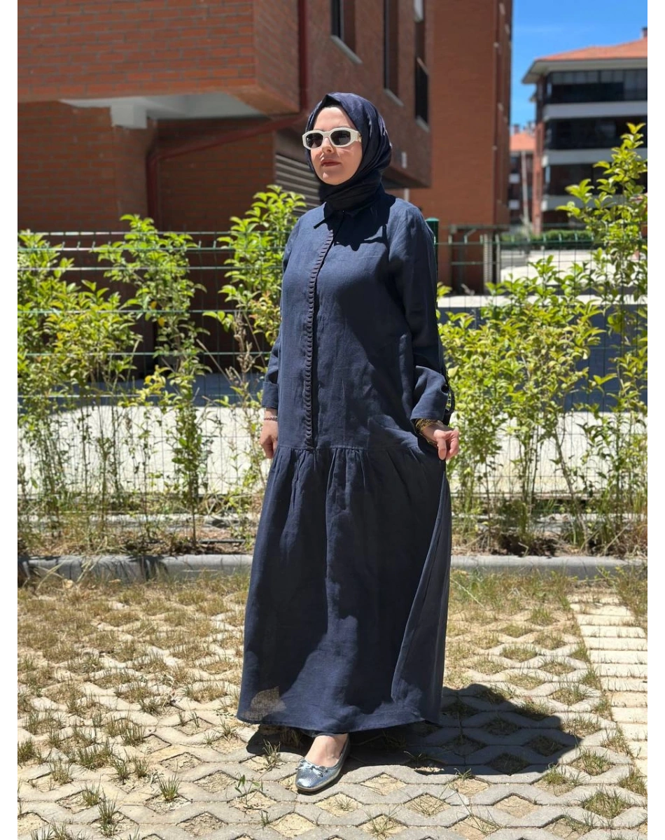 Miss Dalida 2264255 Lacivert Gömlek Yaka Bekletme Detaylı Keten Elbise