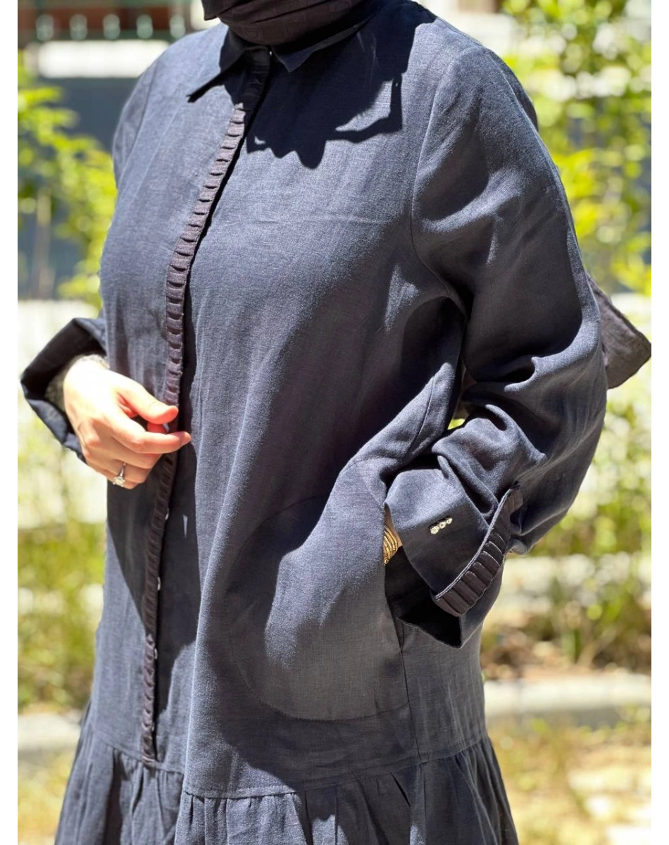Miss Dalida 2264255 Lacivert Gömlek Yaka Bekletme Detaylı Keten Elbise