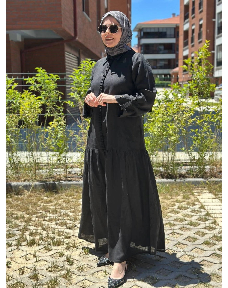 Miss Dalida 2264255 Siyah Gömlek Yaka Bekletme Detaylı Keten Elbise