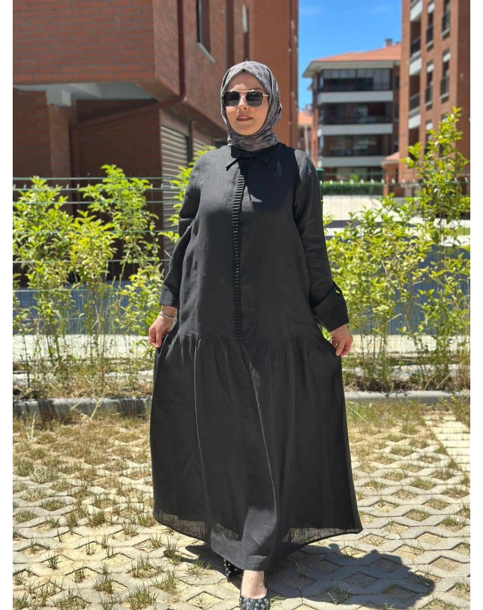 Miss Dalida 2264255 Siyah Gömlek Yaka Bekletme Detaylı Keten Elbise