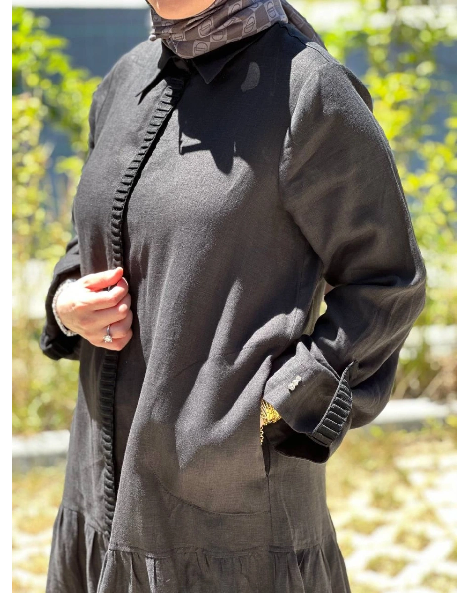 Miss Dalida 2264255 Siyah Gömlek Yaka Bekletme Detaylı Keten Elbise