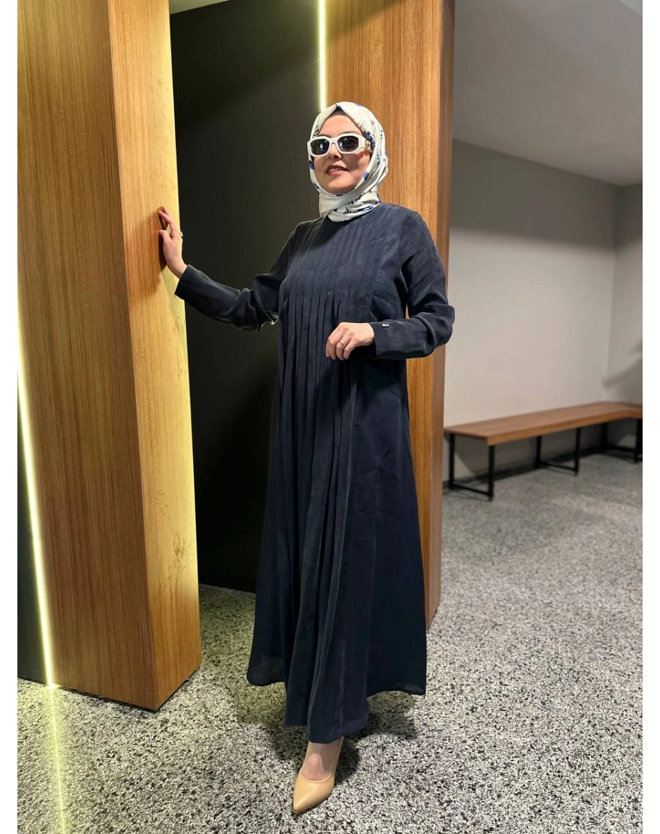 Miss Dalida 2264257 Lacivert Uzun Kollu Keten Cupro Elbise