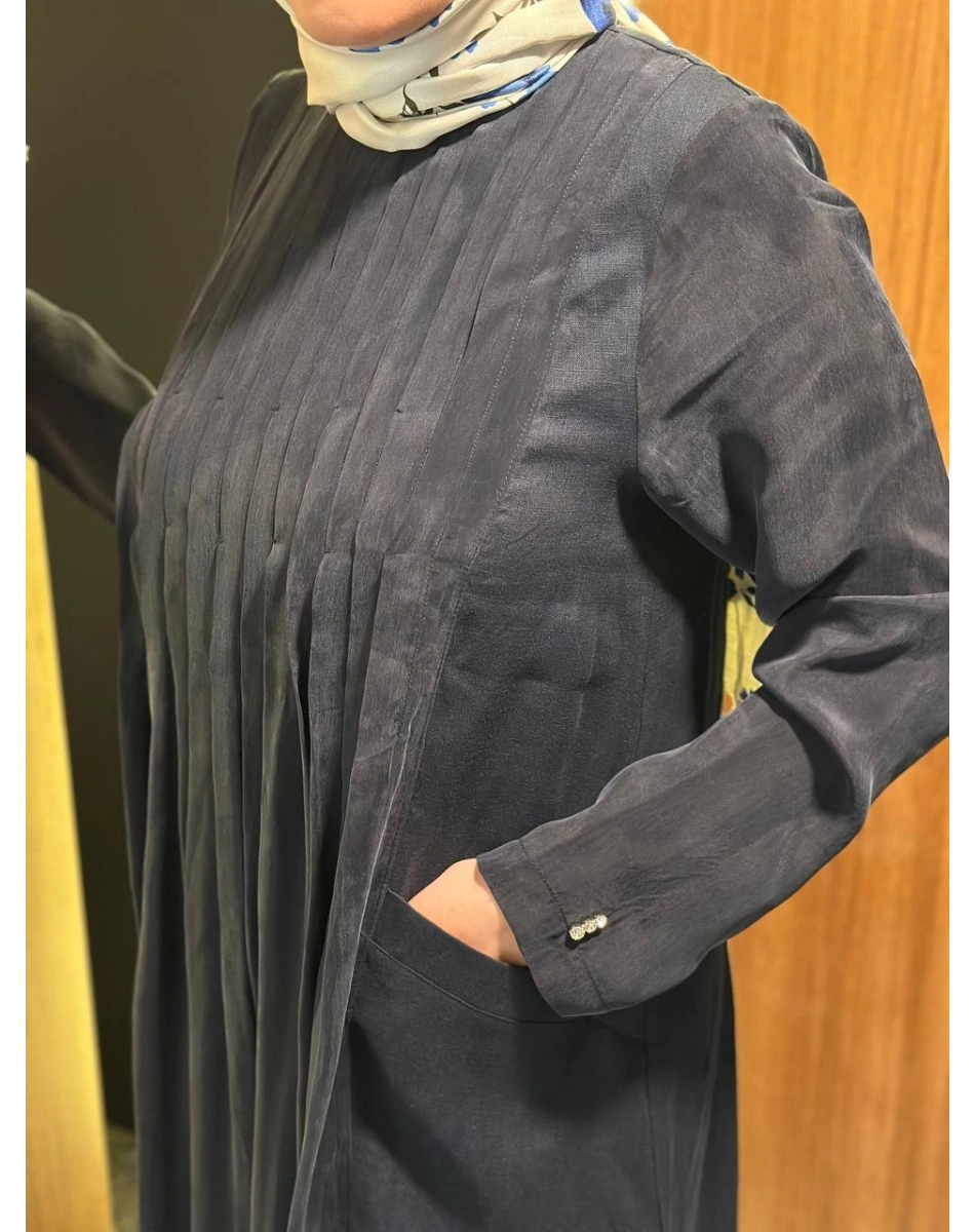 Miss Dalida 2264257 Lacivert Uzun Kollu Keten Cupro Elbise
