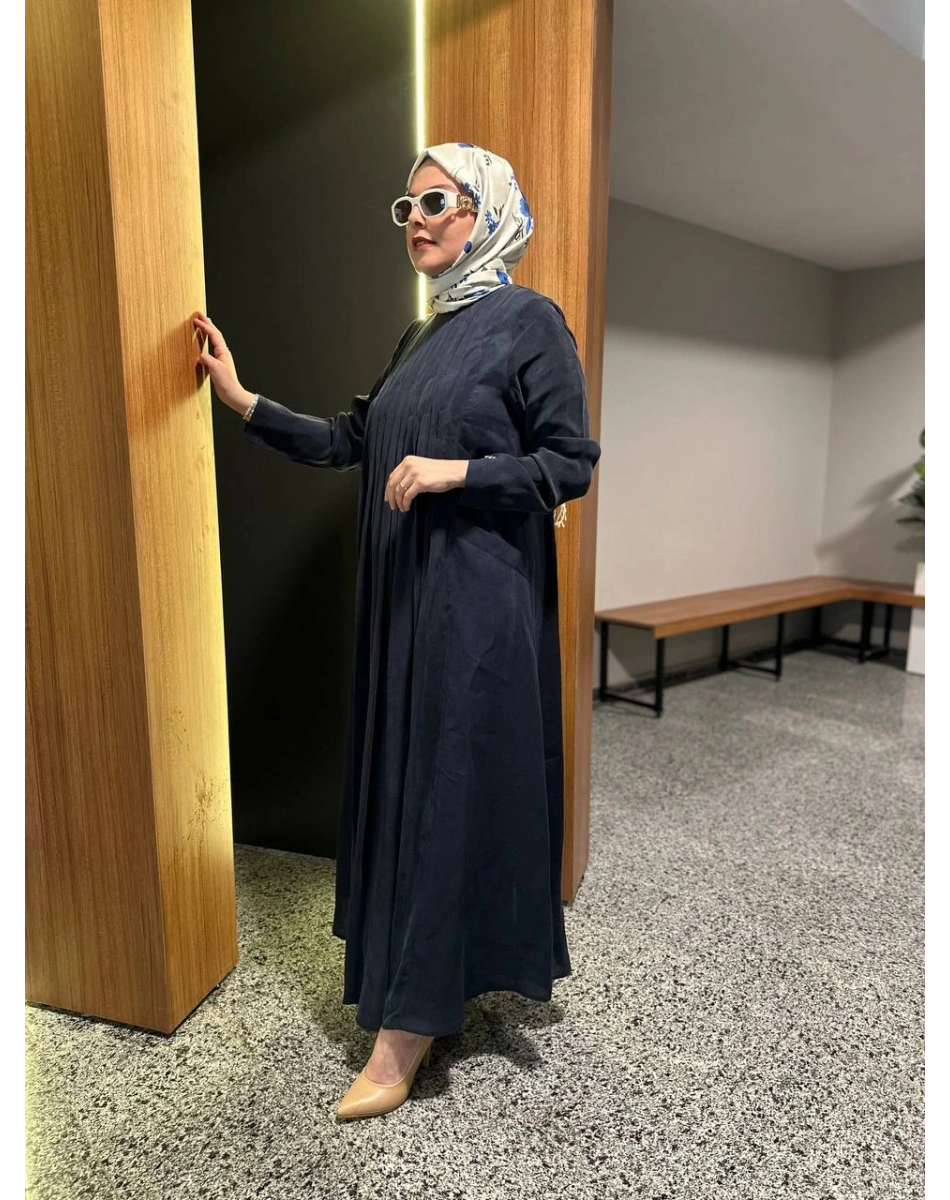 Miss Dalida 2264257 Lacivert Uzun Kollu Keten Cupro Elbise
