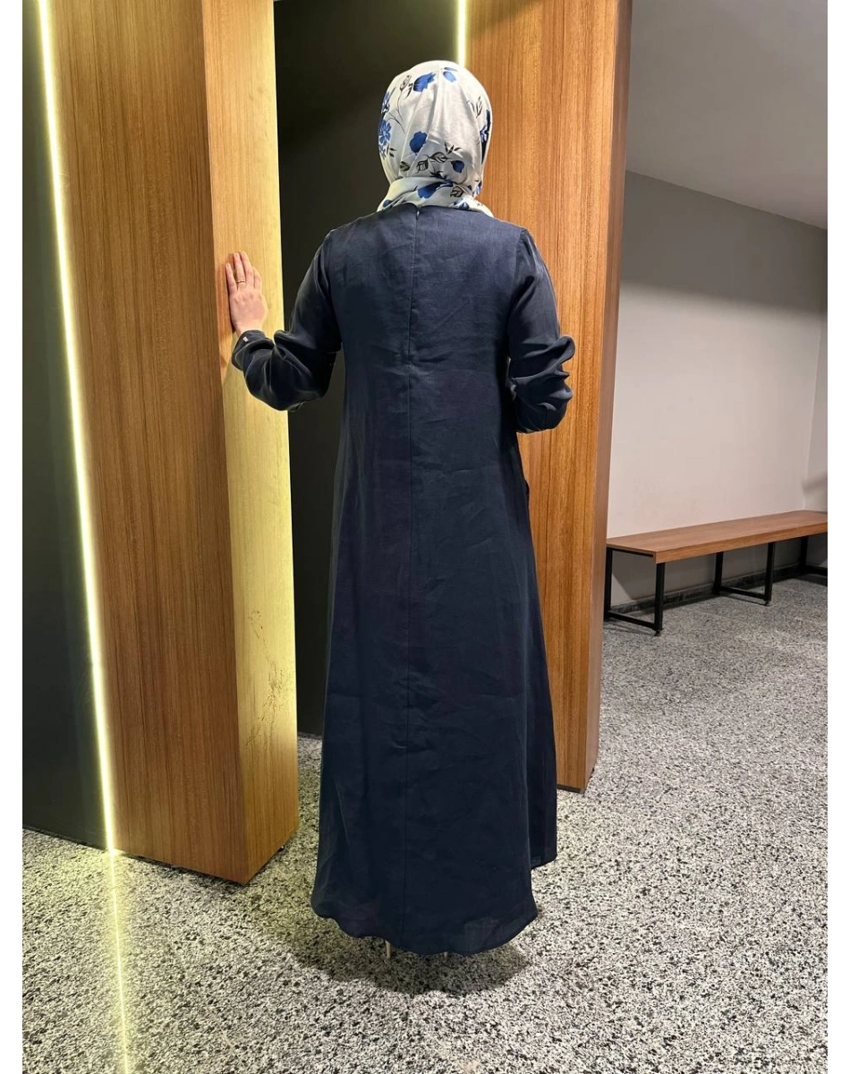 Miss Dalida 2264257 Lacivert Uzun Kollu Keten Cupro Elbise