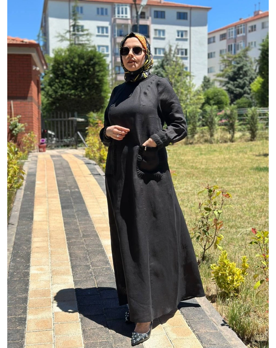 Miss Dalida 2264259 Siyah Uzun Kollu Cepli Keten Elbise