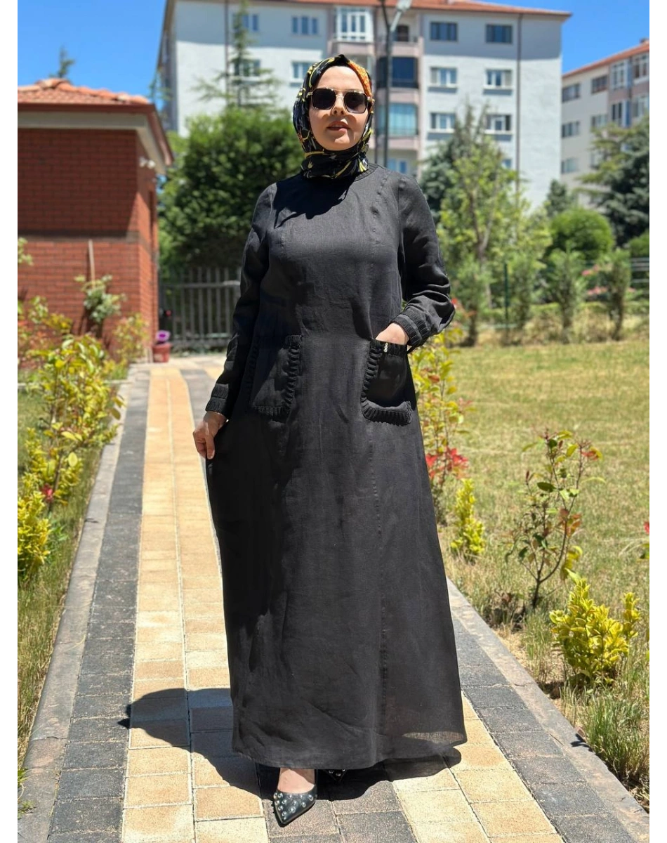 Miss Dalida 2264259 Siyah Uzun Kollu Cepli Keten Elbise