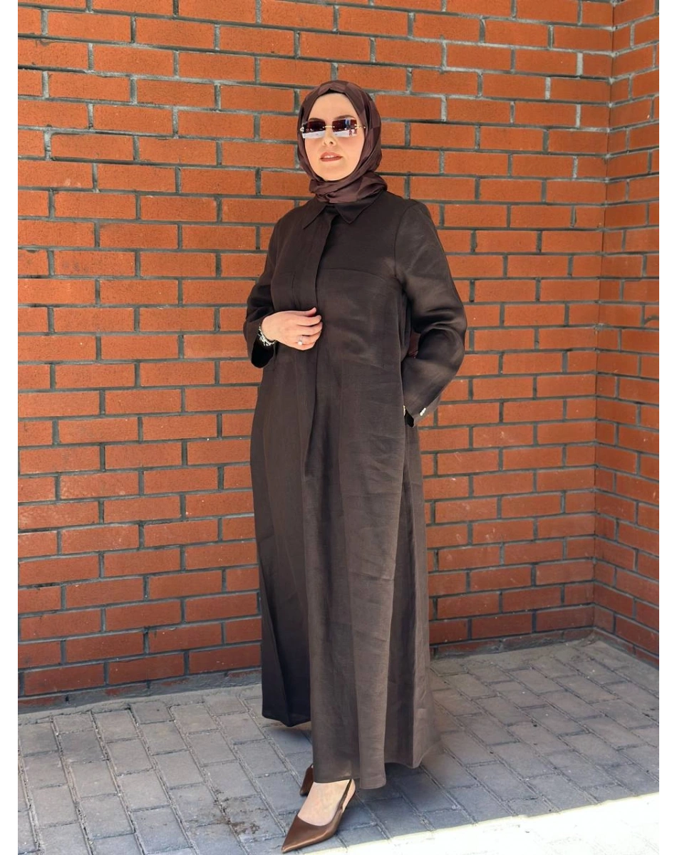Miss Dalida 2264260 Kahverengi Önü Cepli Basic Keten Elbise