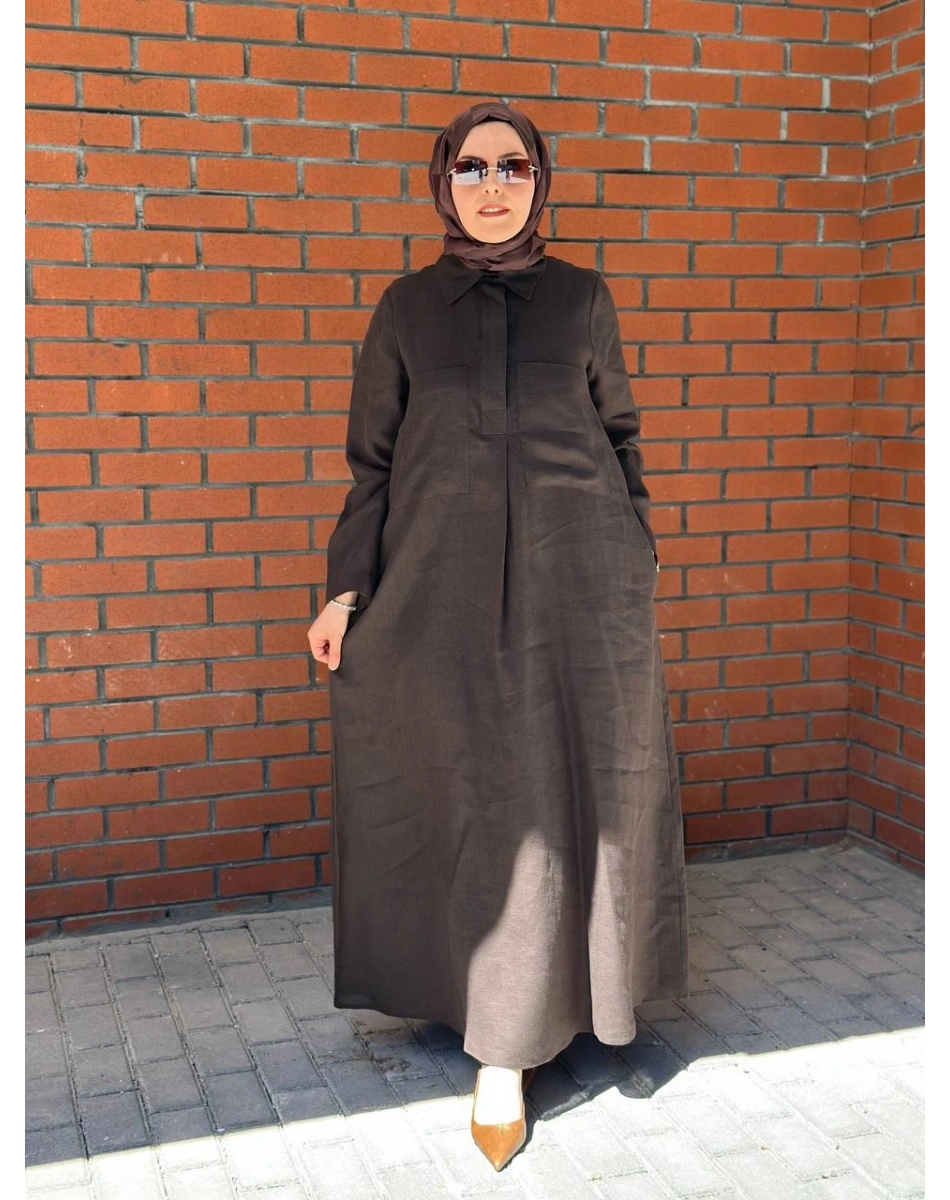 Miss Dalida 2264260 Kahverengi Önü Cepli Basic Keten Elbise