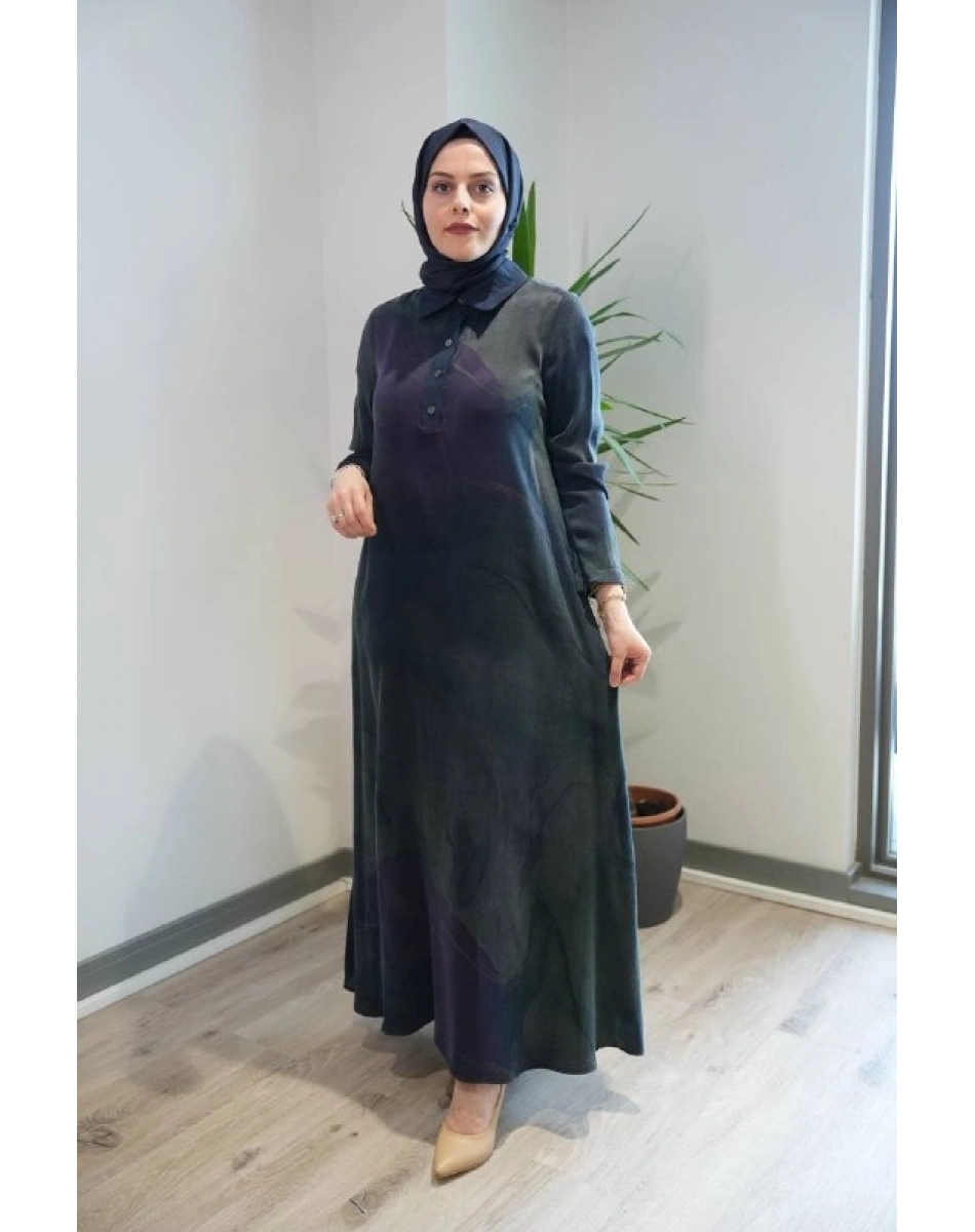 Miss Dalida 2264751 Lacivert Uzun Kollu Renkli Elbise