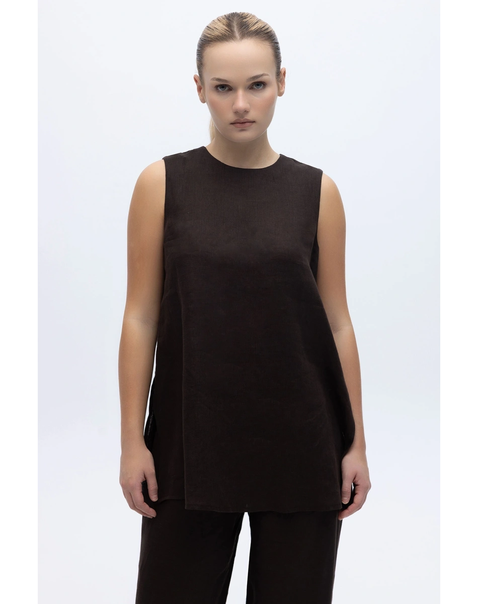 Miss Dalida 2266251 Kakao Kolsuz Düz Renk Keten Tunik