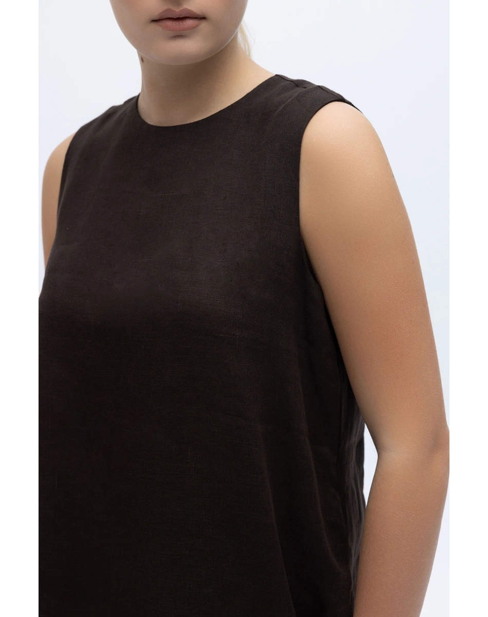 Miss Dalida 2266251 Kakao Kolsuz Düz Renk Keten Tunik