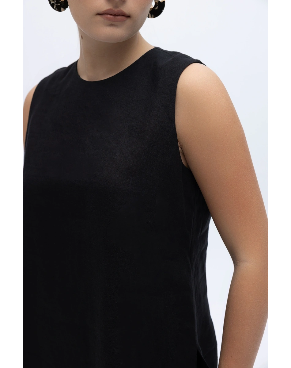Miss Dalida 2266251 Siyah Kolsuz Düz Renk Keten Tunik