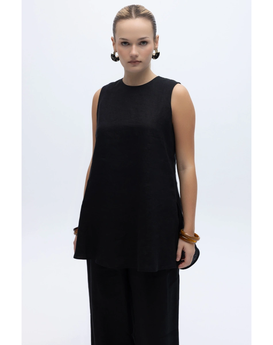 Miss Dalida 2266251 Siyah Kolsuz Düz Renk Keten Tunik