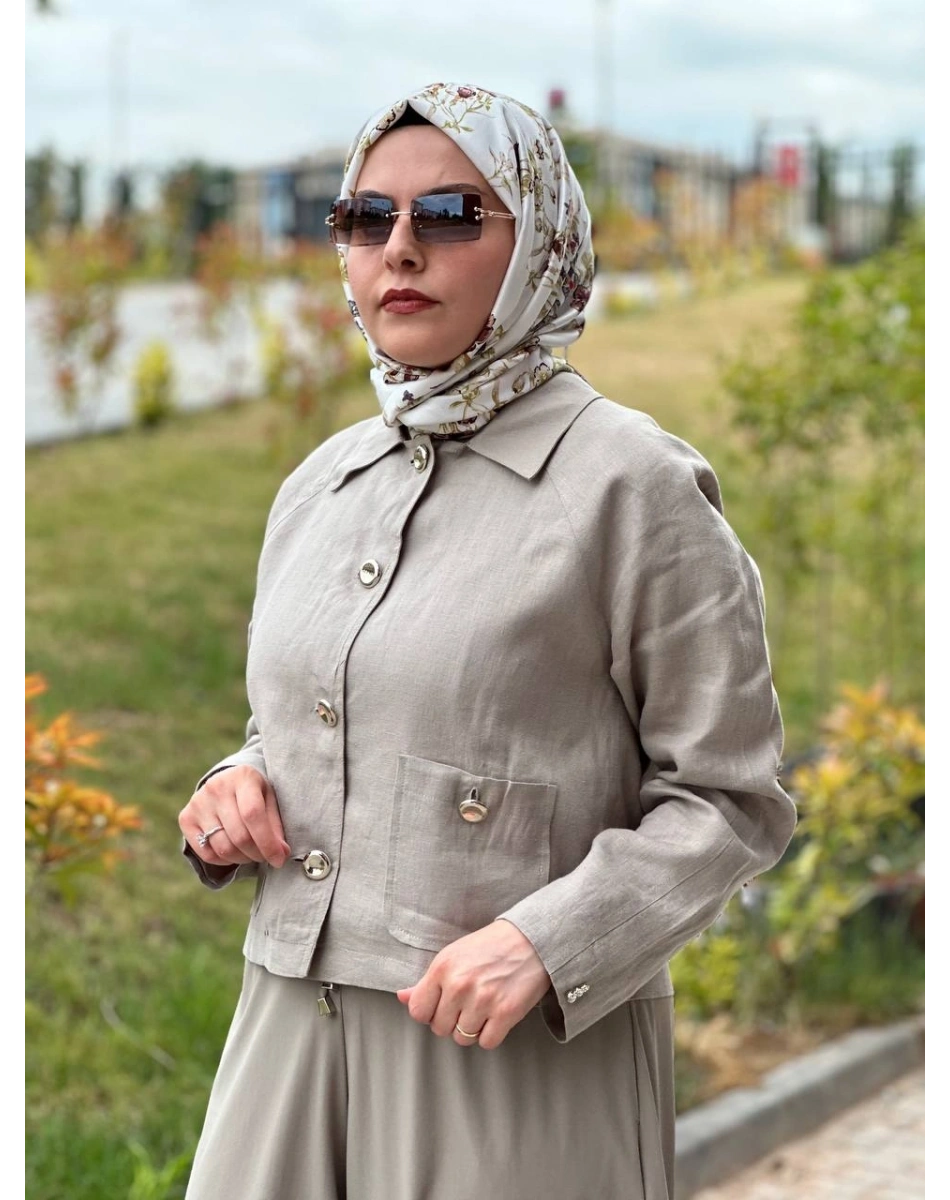 Miss Dalida 2268256 Taş Gömlek Yaka Cepli Keten Ceket