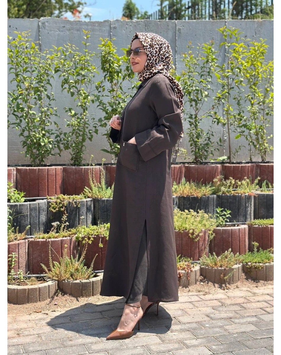 Miss Dalida 2268284 Kakao Nakış Detaylı Düğmeli Keten Uzun Kap