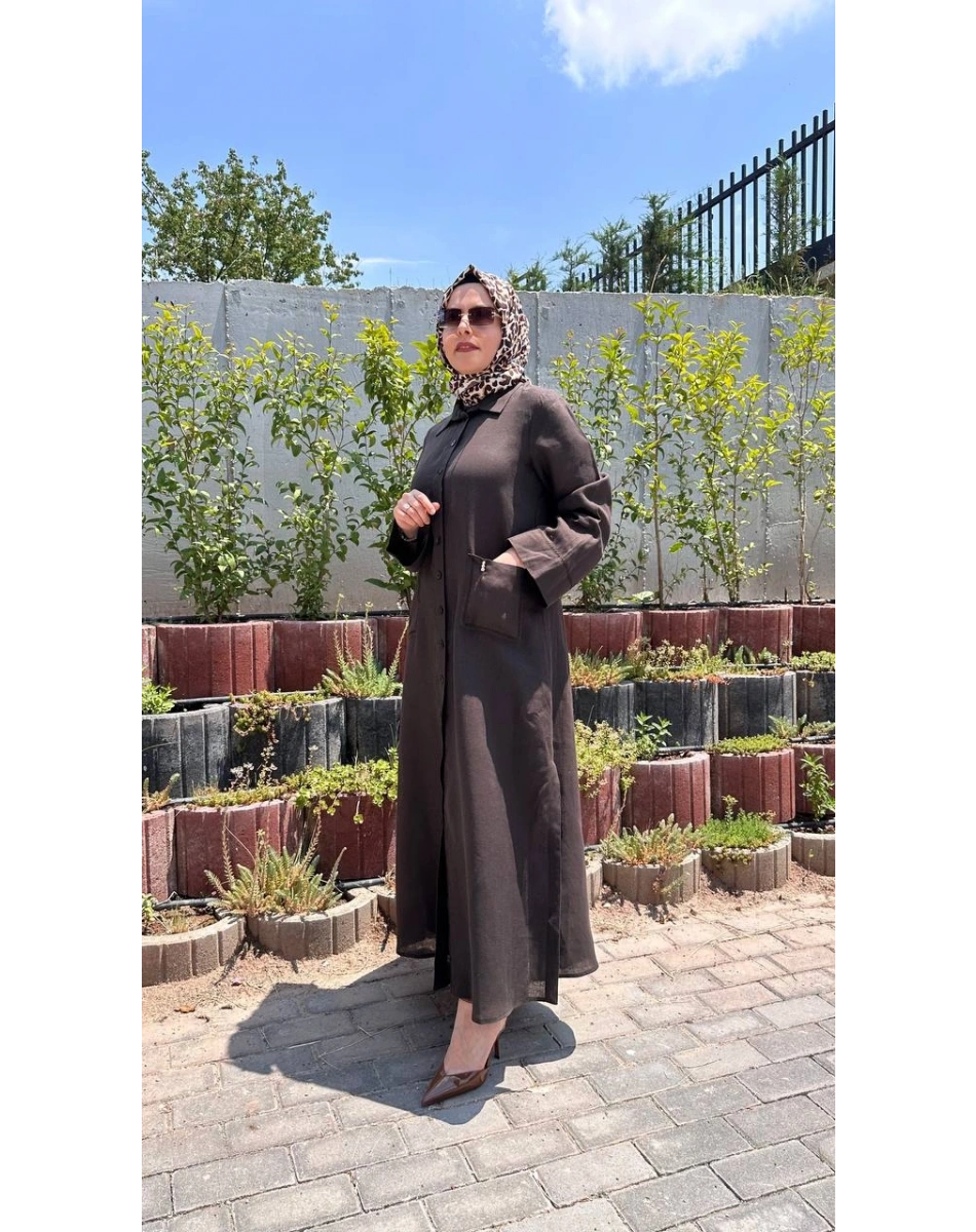 Miss Dalida 2268284 Kakao Nakış Detaylı Düğmeli Keten Uzun Kap