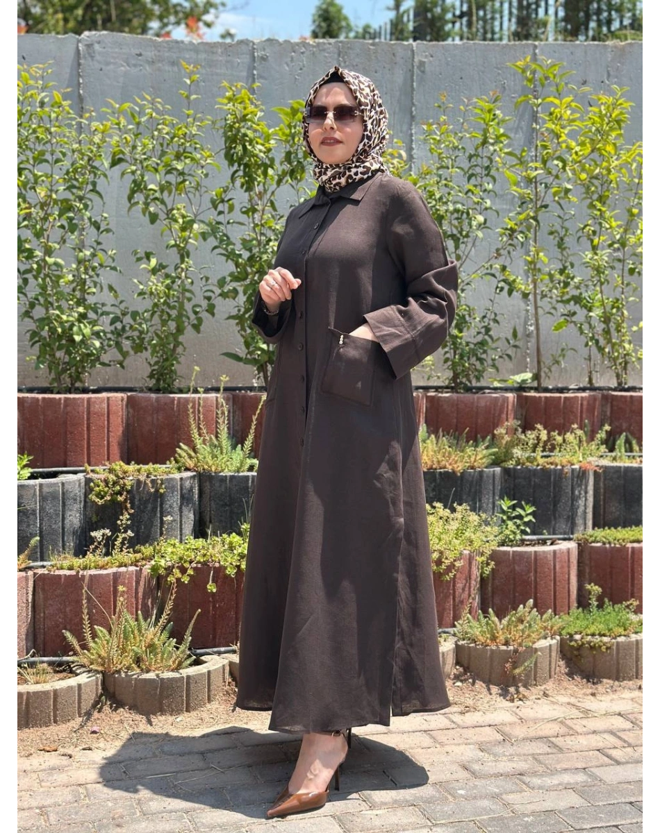 Miss Dalida 2268284 Kakao Nakış Detaylı Düğmeli Keten Uzun Kap