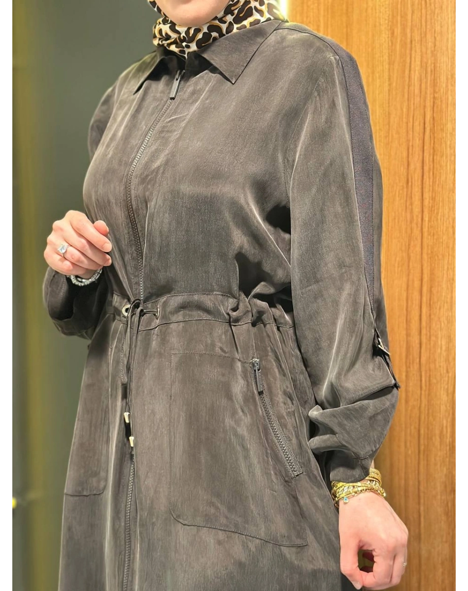 Miss Dalida 2268329 Kakao Fermuarlı Beli Büzgülü Cupro Ceket