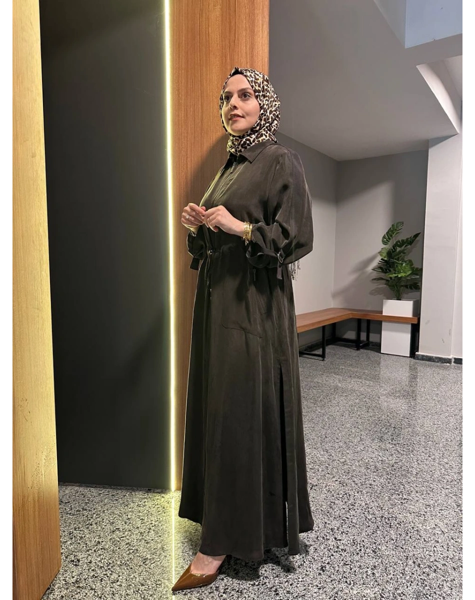 Miss Dalida 2268329 Kakao Fermuarlı Beli Büzgülü Cupro Ceket