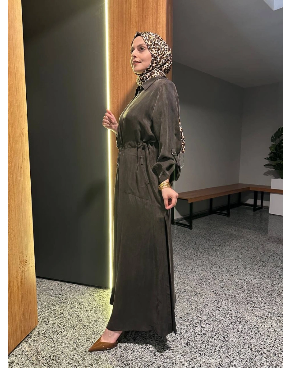 Miss Dalida 2268329 Kakao Fermuarlı Beli Büzgülü Cupro Ceket