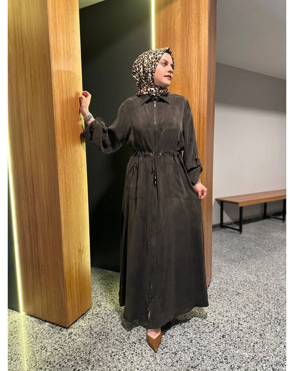 Miss Dalida 2268329 Kakao Fermuarlı Beli Büzgülü Cupro Ceket