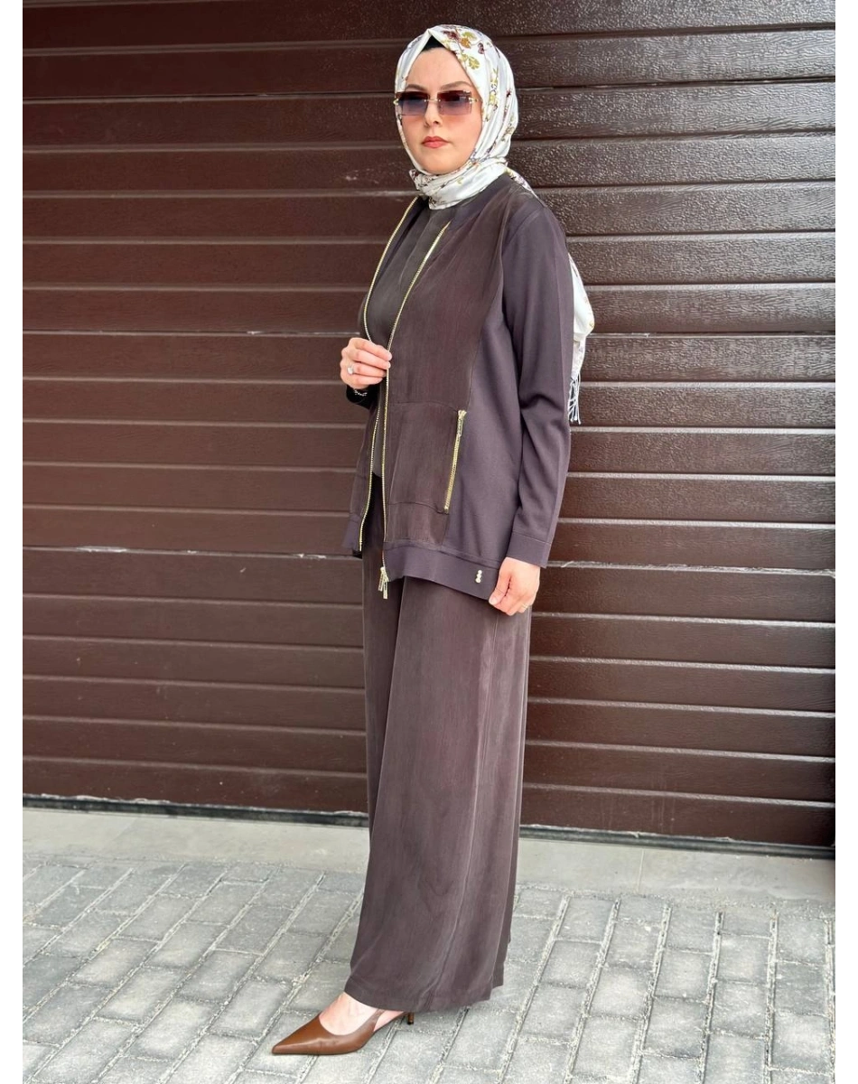 Miss Dalida T26Y8203 Kakao Fermuarlı Cupro Detaylı Triko Ceket