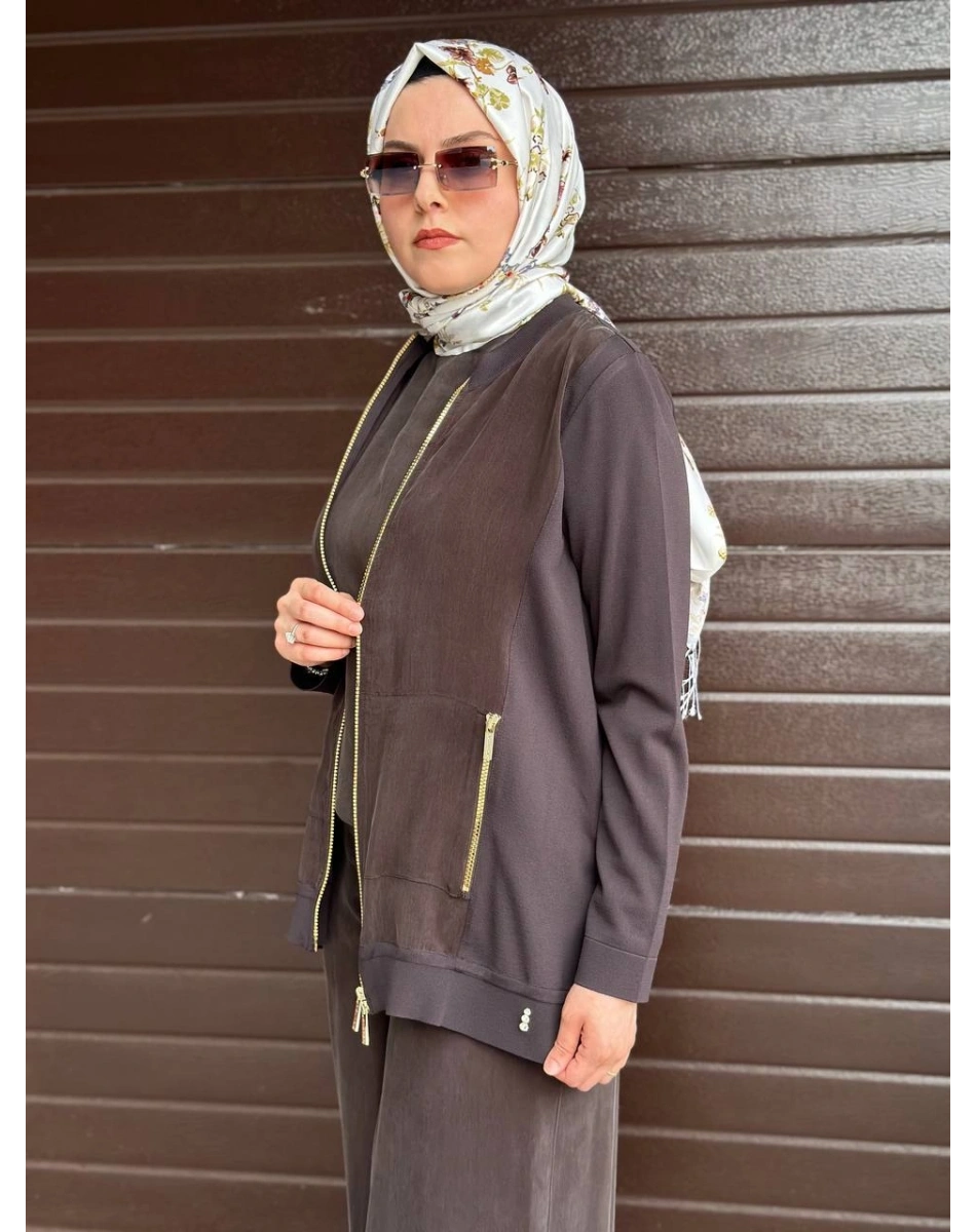 Miss Dalida T26Y8203 Kakao Fermuarlı Cupro Detaylı Triko Ceket