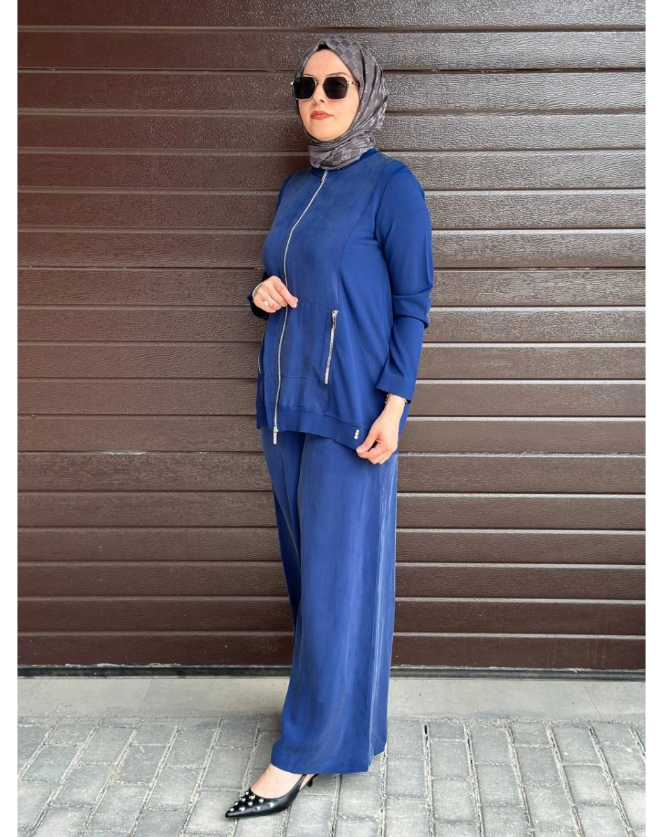 Miss Dalida T26Y8203 Mavi Fermuarlı Cupro Detaylı Triko Ceket