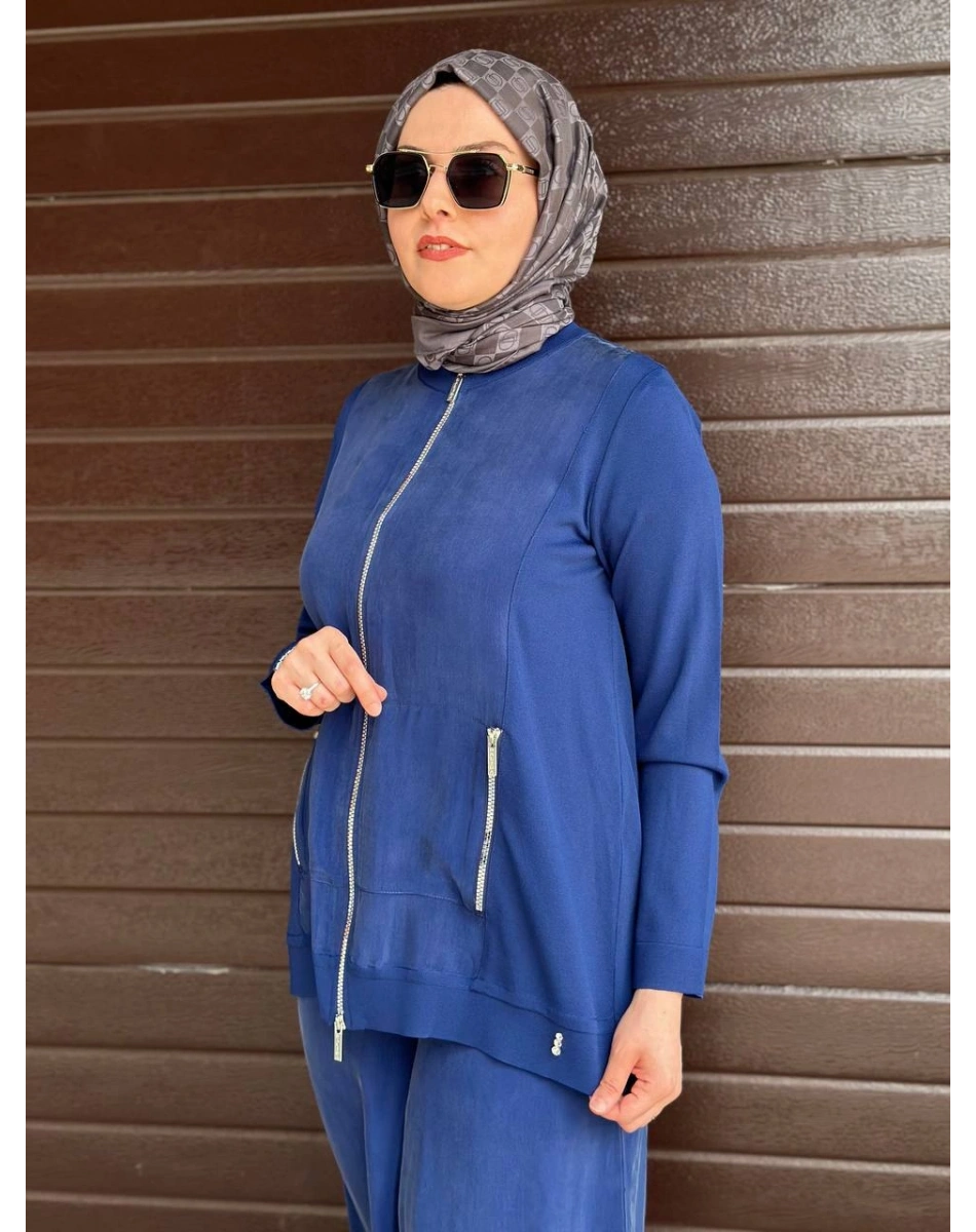 Miss Dalida T26Y8203 Mavi Fermuarlı Cupro Detaylı Triko Ceket