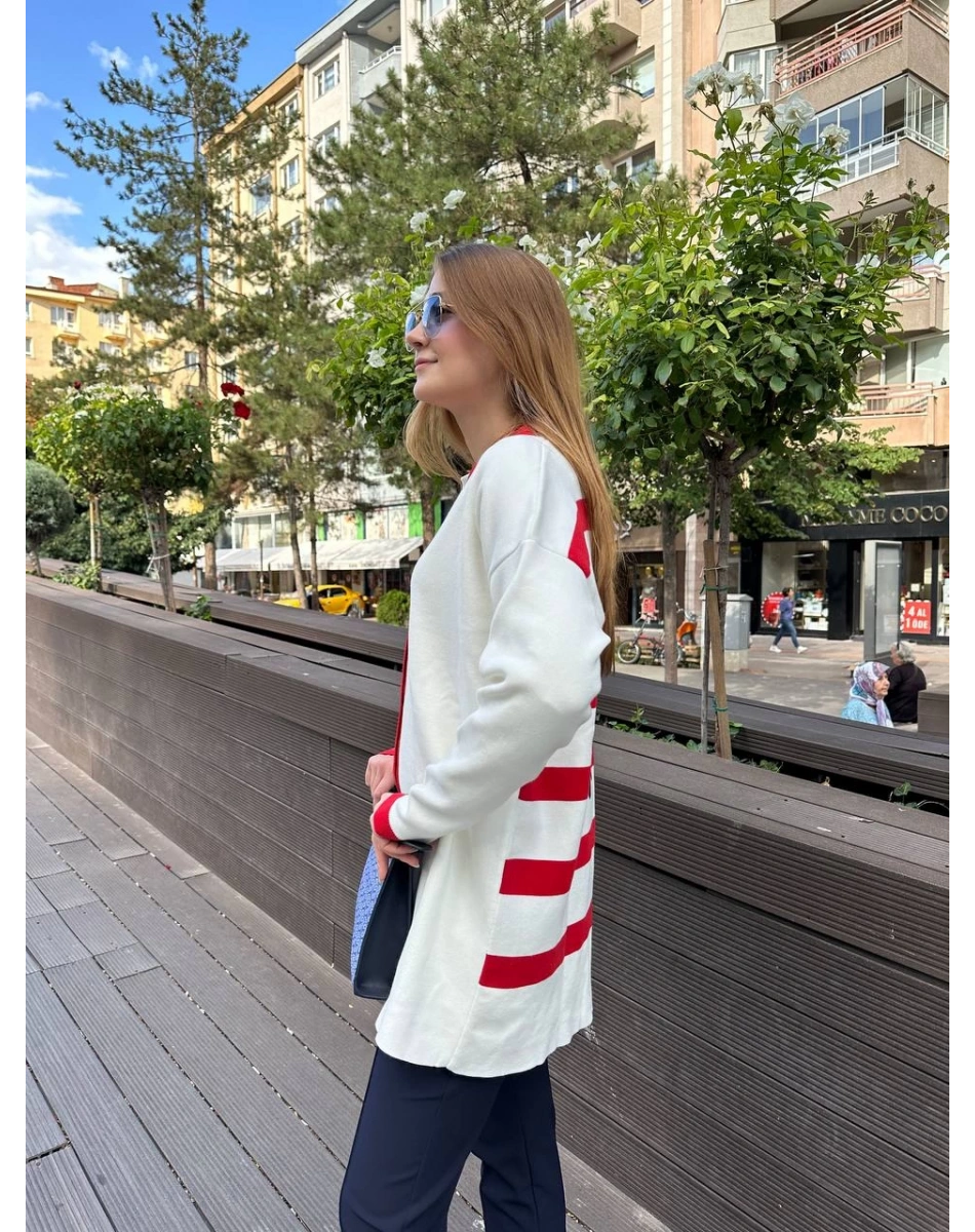 Missemramiss H4590 Kırmızı Modello Çizgili Triko Hırka