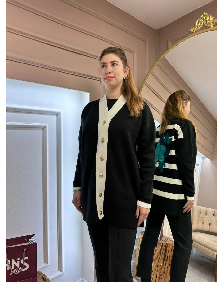 Missemramiss H4590 Siyah Modello Çizgili Triko Hırka