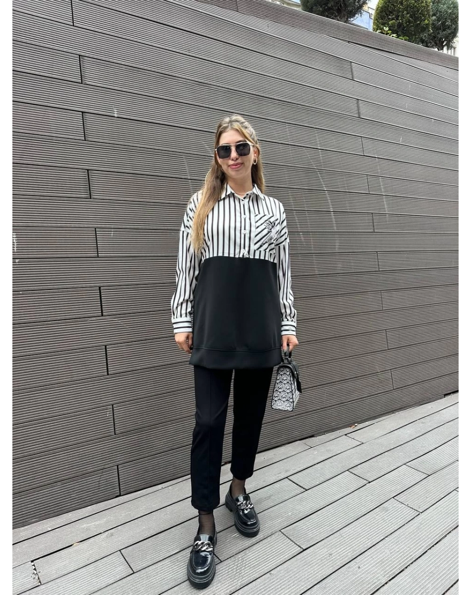 Missemramiss S4661 Siyah Gömlek Garni İşlemeli Sweat