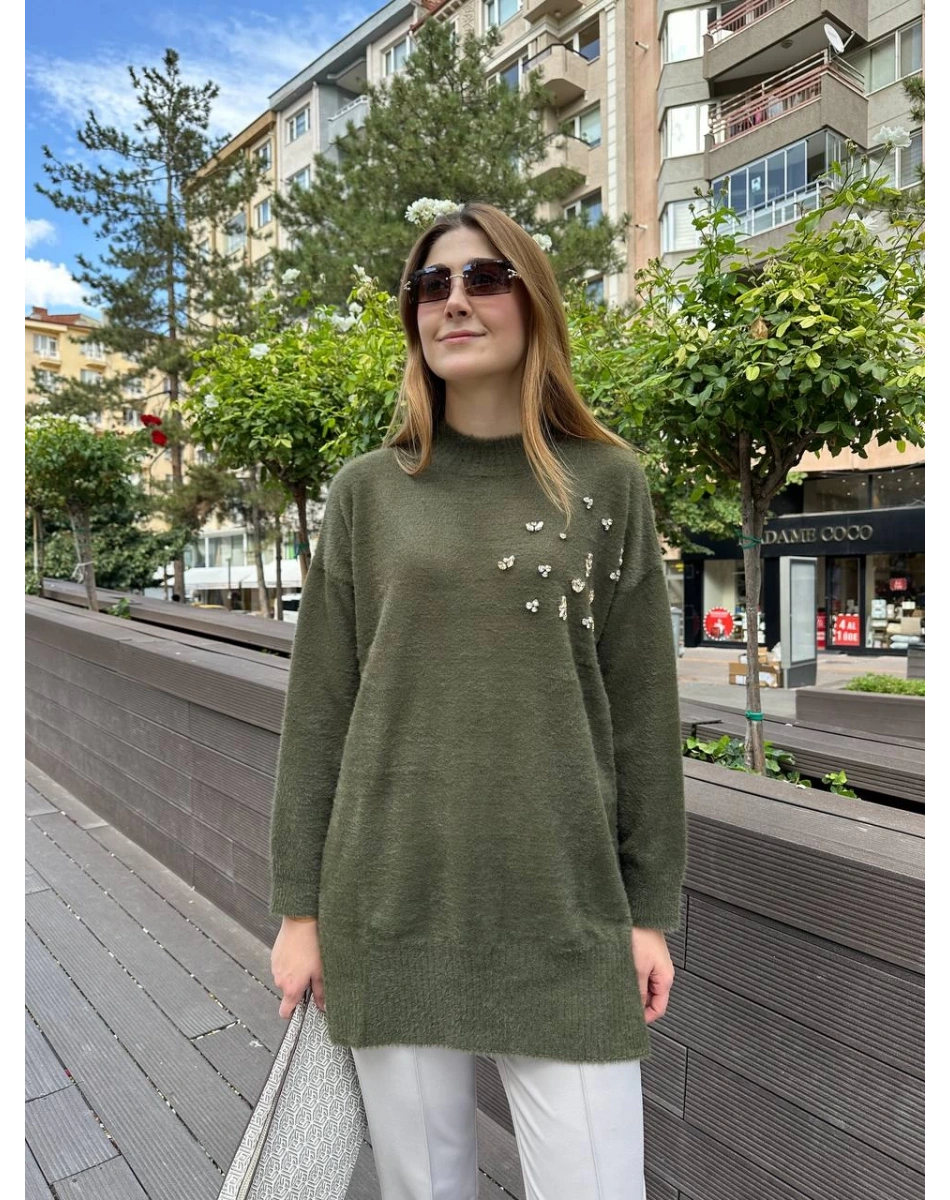 Missemramiss T4572 Haki Maglione Angora Kazak