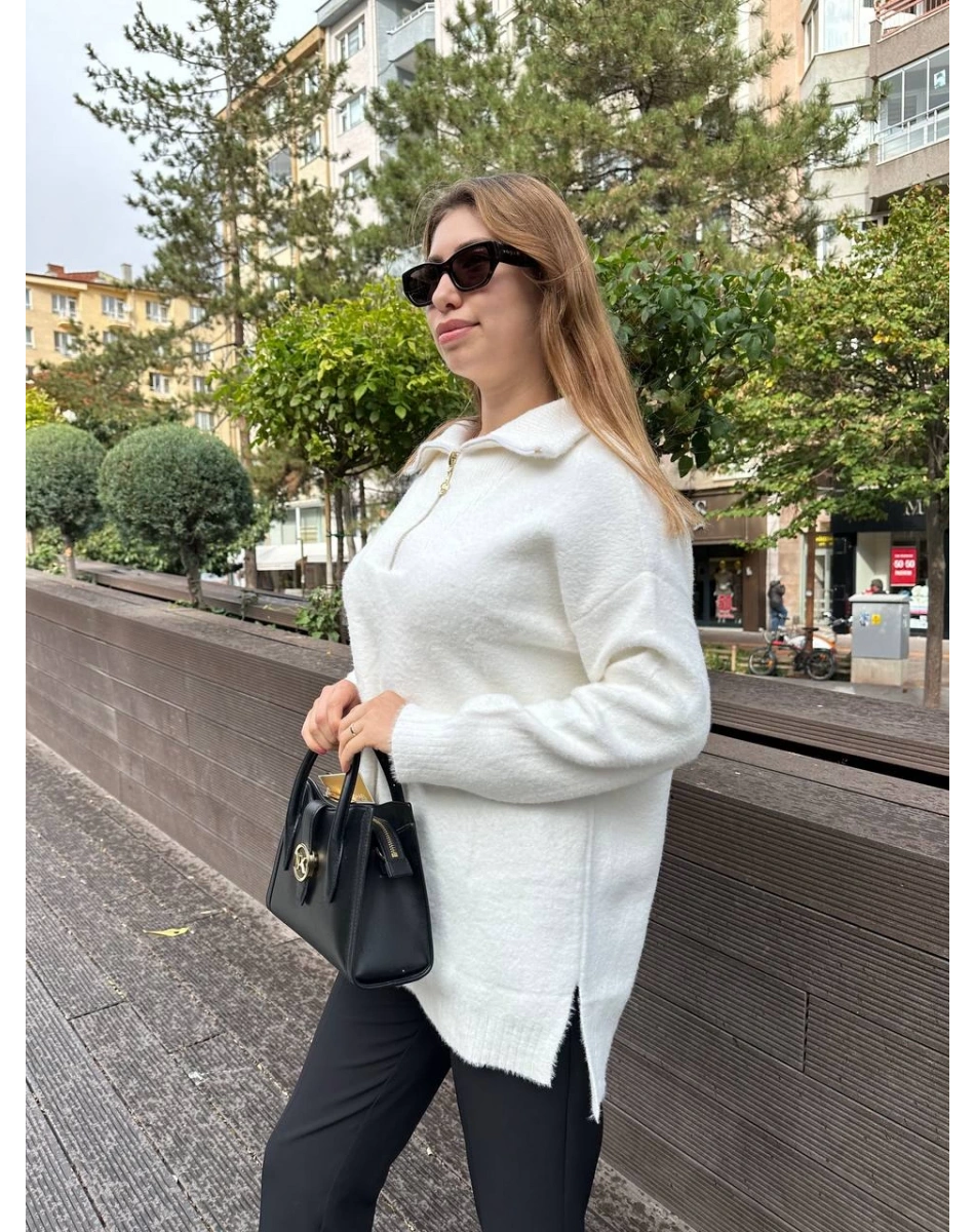 Missemramiss T4577 Ekru Moderna Fermuarlı Kazak