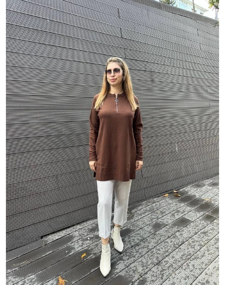 Missemramiss T4587 Kahverengi Live Fermuar Detaylı Triko Kazak
