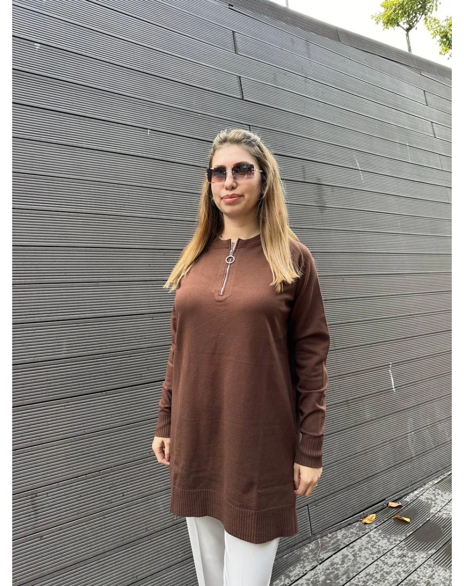 Missemramiss T4587 Kahverengi Live Fermuar Detaylı Triko Kazak