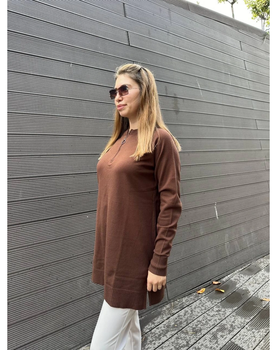 Missemramiss T4587 Kahverengi Live Fermuar Detaylı Triko Kazak