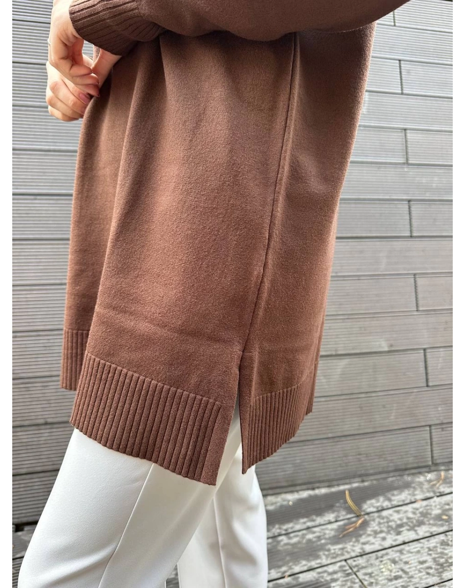 Missemramiss T4587 Kahverengi Live Fermuar Detaylı Triko Kazak