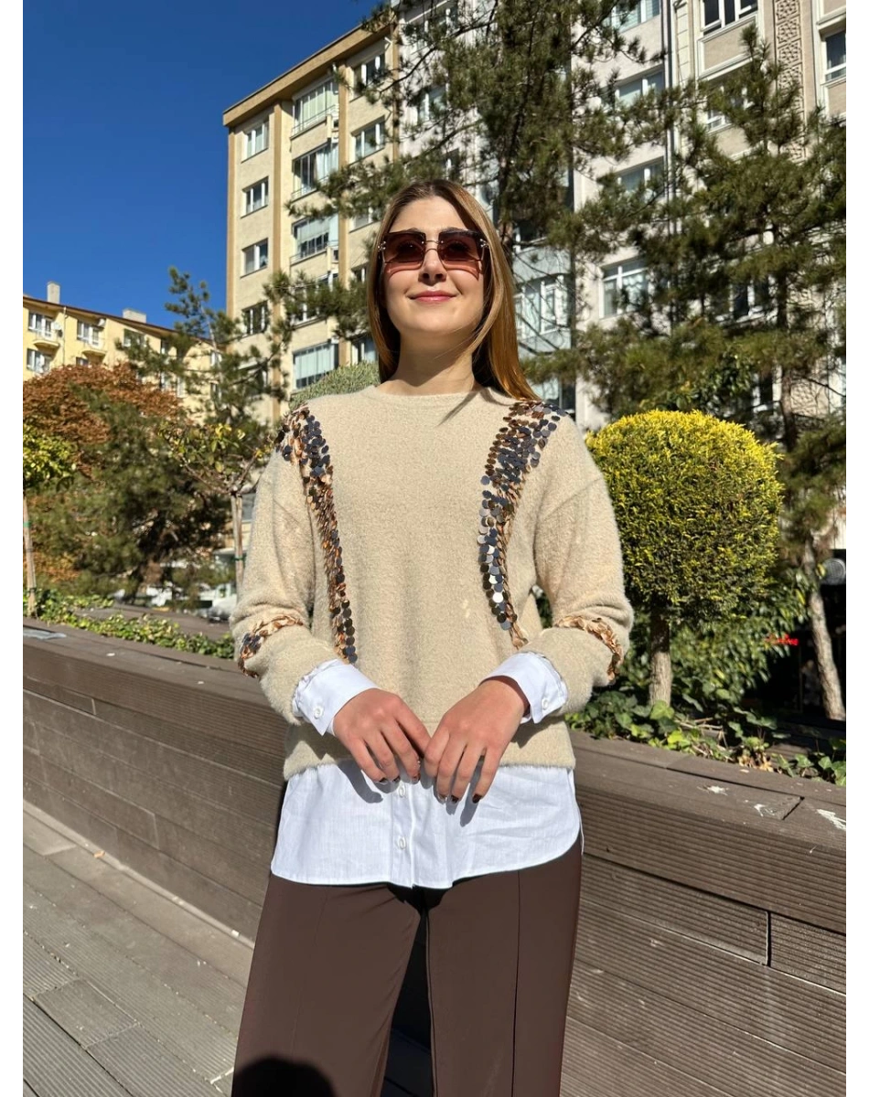 Missemramiss T4653 Bej Pullu Gömlek Garni Angora Tunik