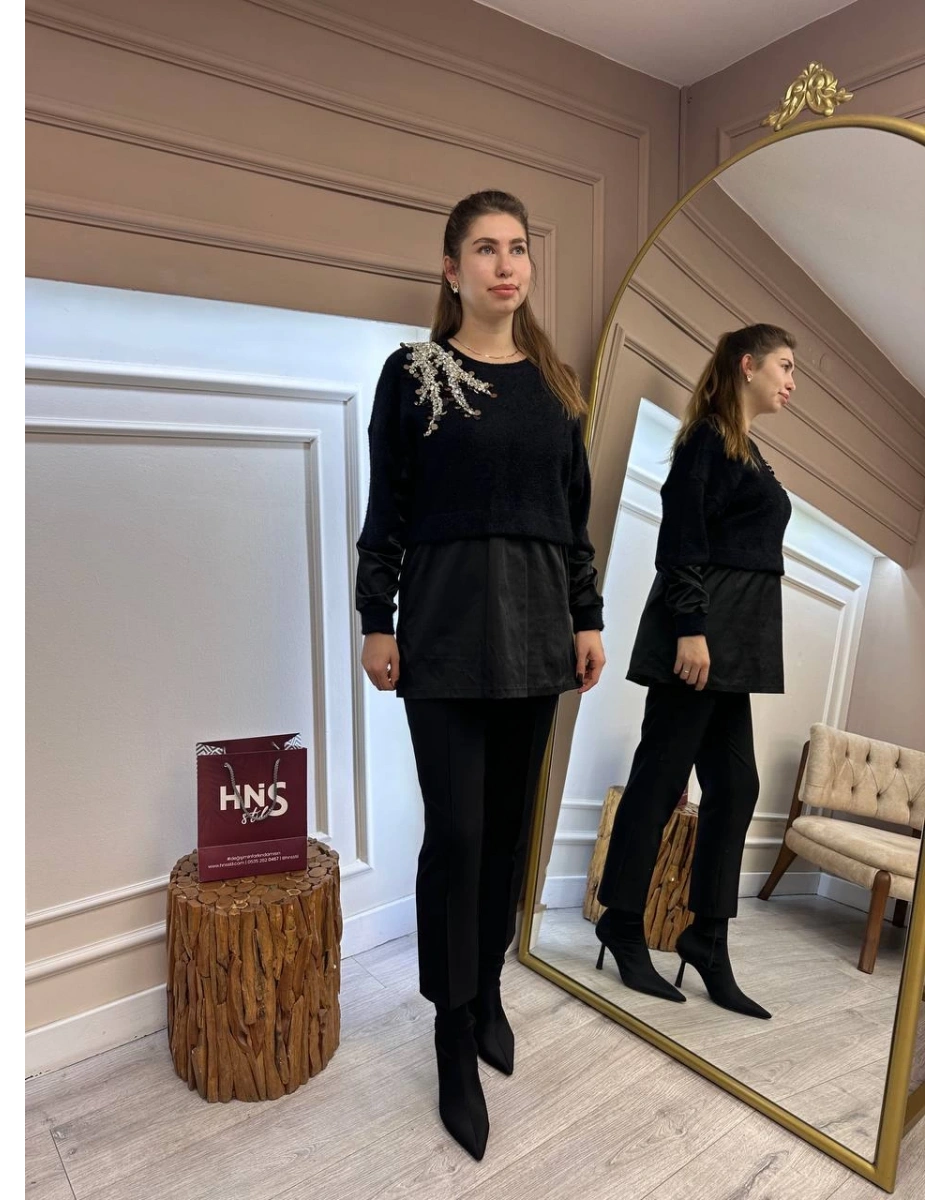 Missemramiss T4696 Siyah Molto Speciale Taşlı Sweatshirt