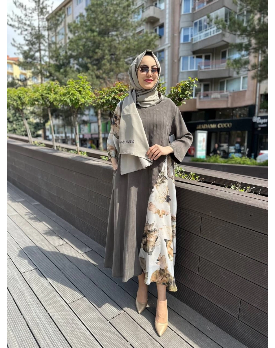 Misswhence 2960 Haki İpek Büyük Beden Elbise