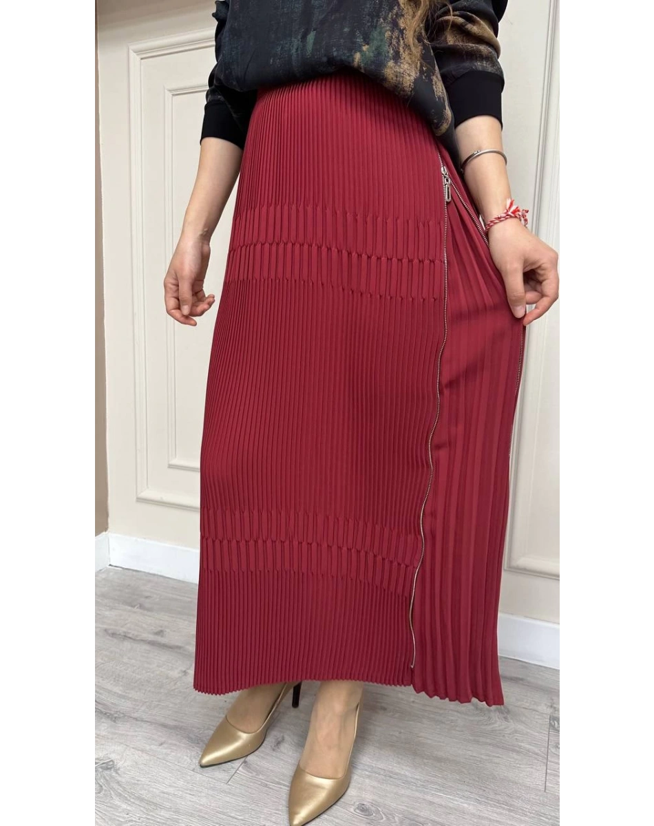 Misswhence 33902 Bordo Fermuar Detaylı Pilise Etek