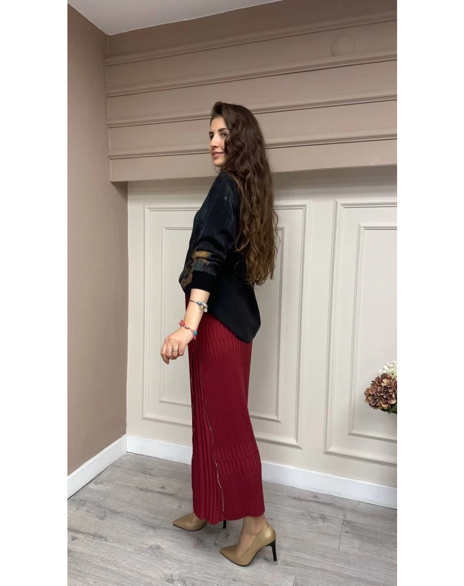 Misswhence 33902 Bordo Fermuar Detaylı Pilise Etek